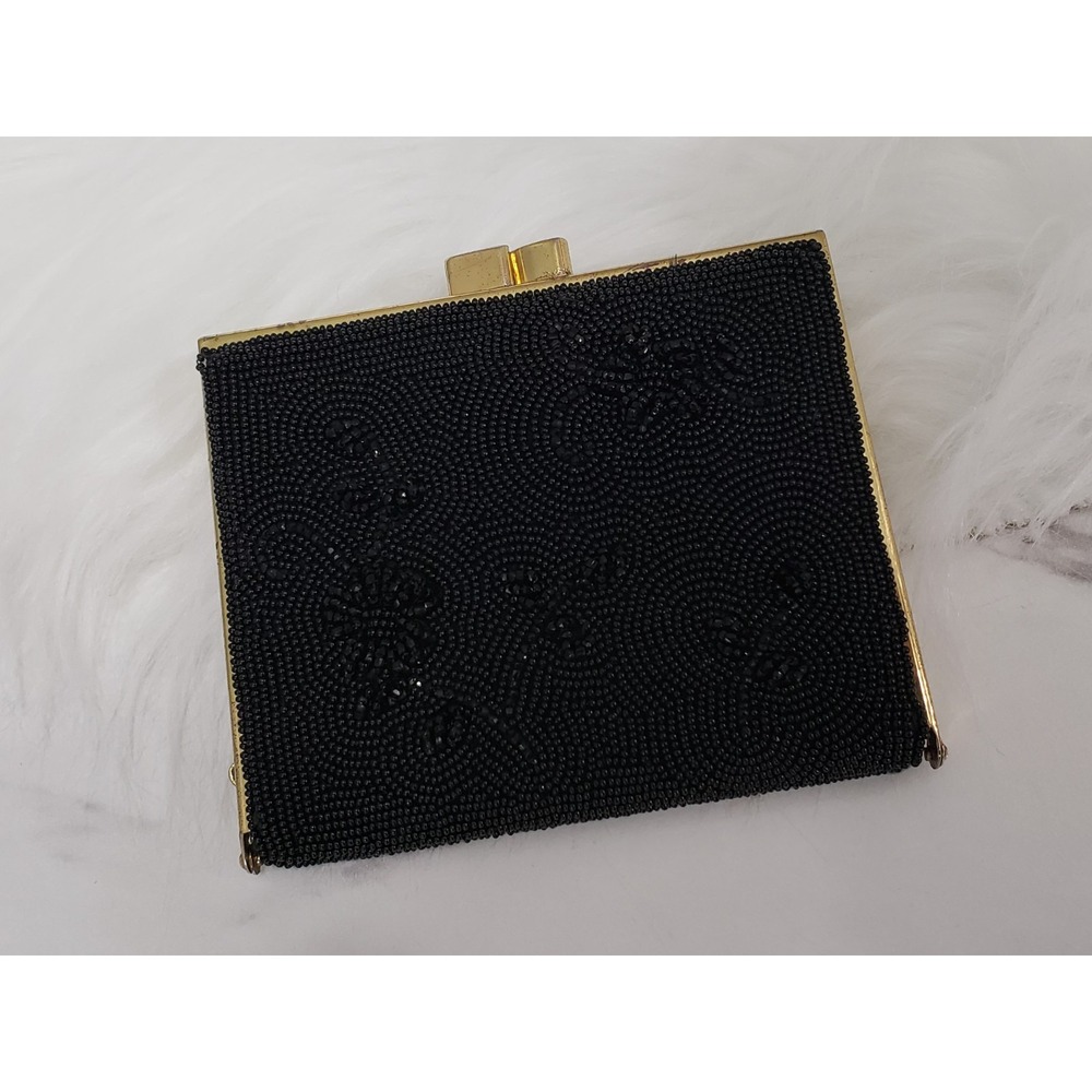 Vintage Schildkraut Bros Beaded Kiss Lock Wallet Black Floral Japan MCM Card Cas
